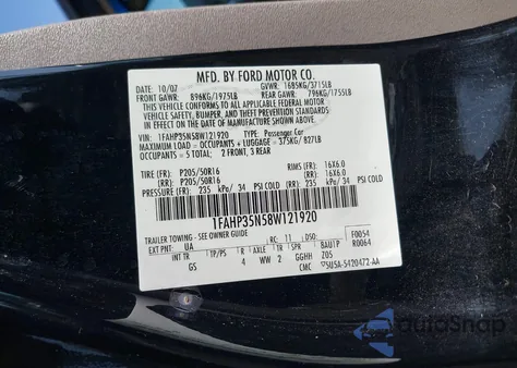 2008 Ford Focus Se/Sel/Ses from USA, damaged, VIN 1FAHP35N58W121920